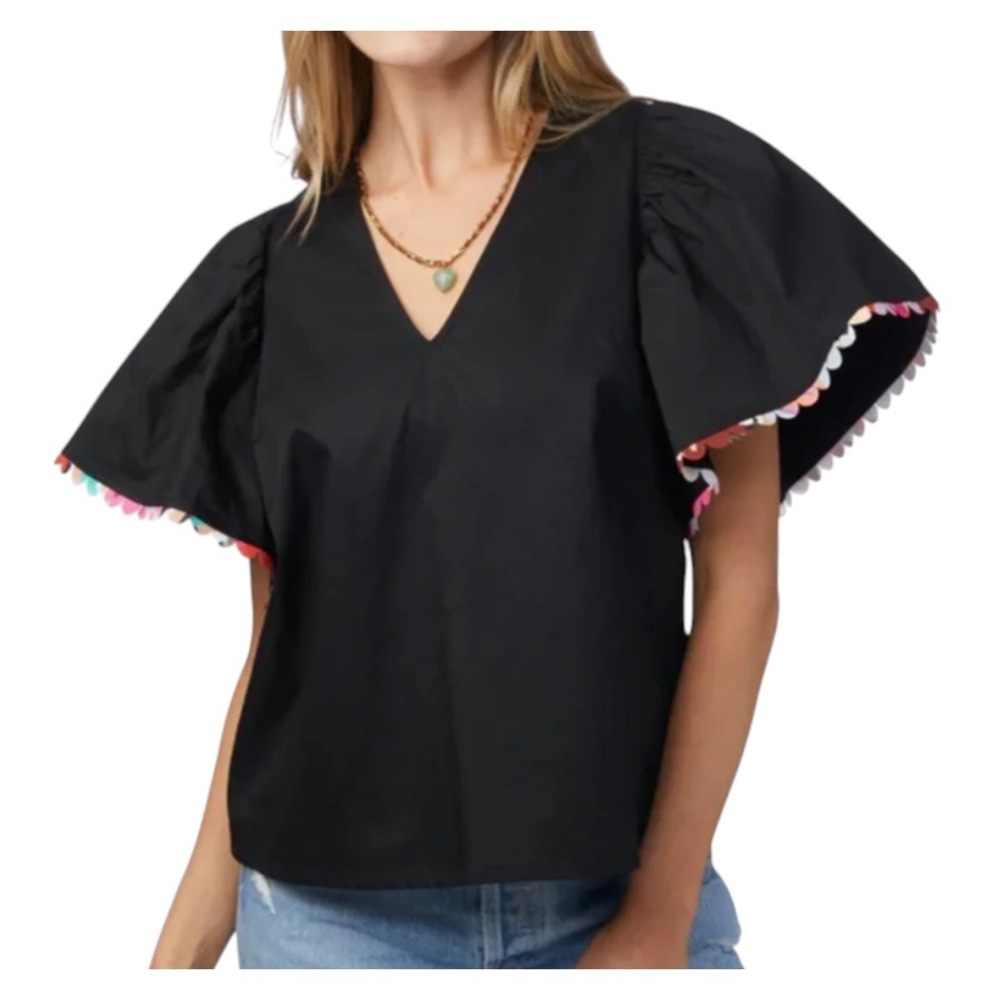 CROSBY Mollie Burch BLACK BETTINA TOP Multi-Color Ric-Rac Trim Poplin V-Neck S